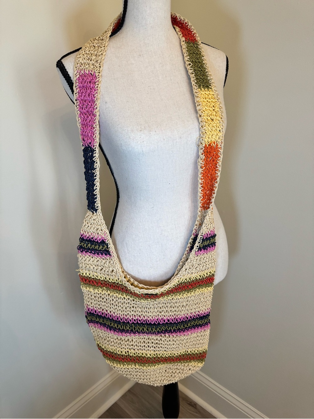 Billabong Cream Crochet Shoulder Bag with Pink, Green, Orange & Navy Stripes
